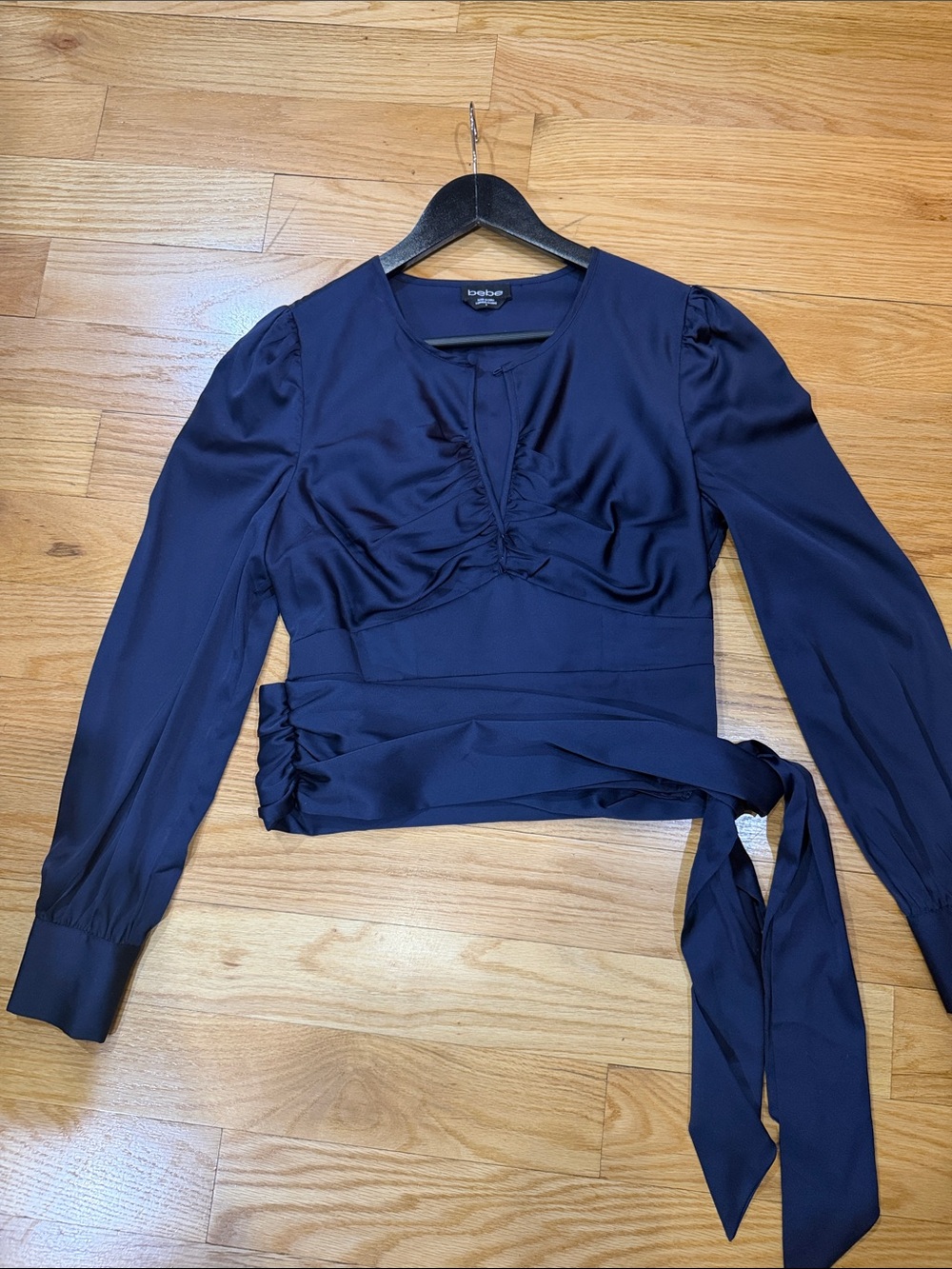 bebe Navy Wrap Tie Long-Sleeve Blouse